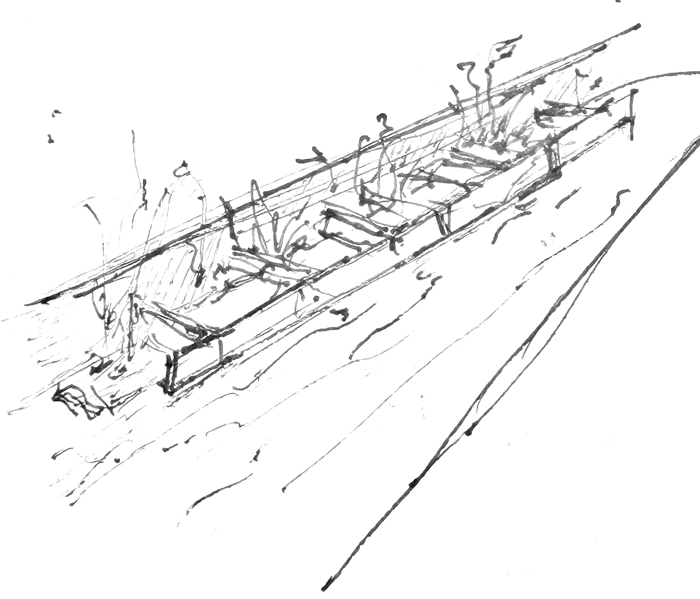 Pen sketch of a floating structure with planting moored along a canal wall