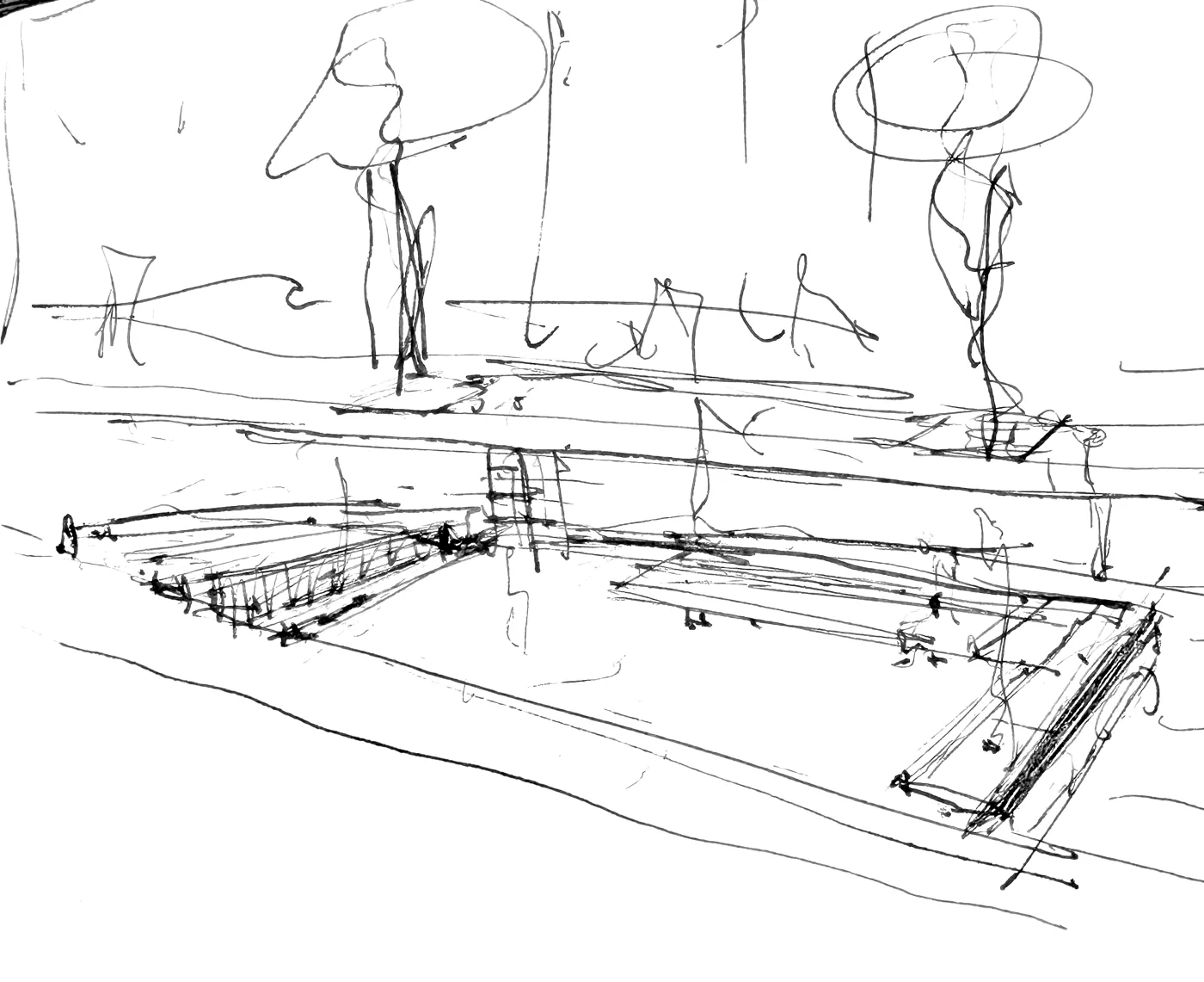 Pen sketch of low platforms at the canal edge, with trees and street lamps along the quay
