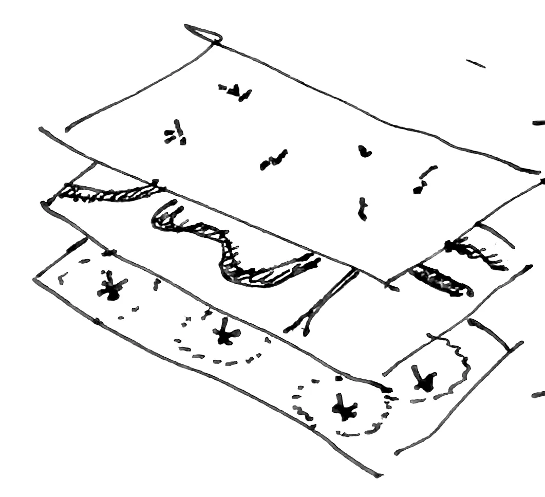 Three stacked sheets sketched in pen, marked with points, a winding route and circles
