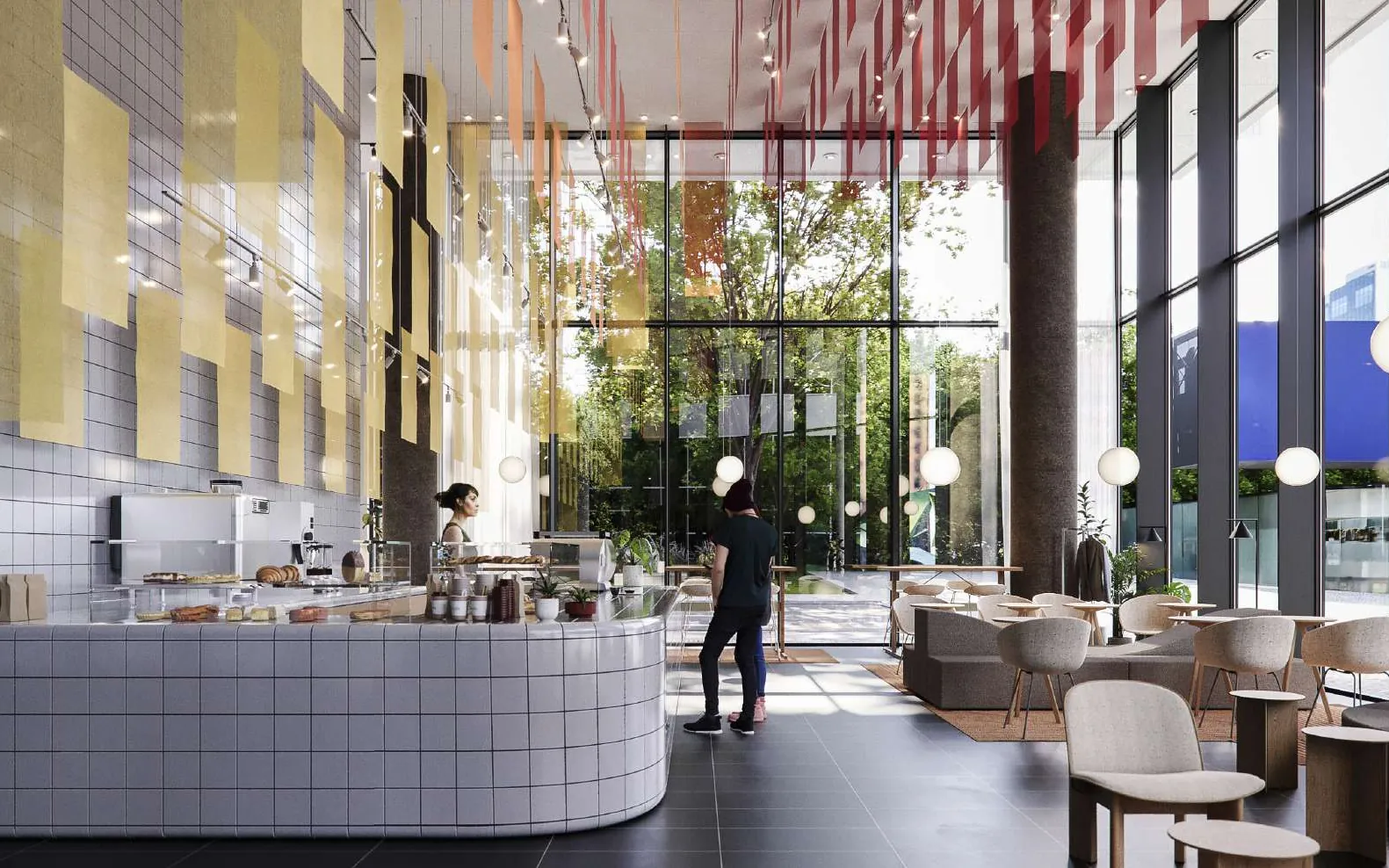 Coffee bar with a white tiled counter under a double-height ceiling