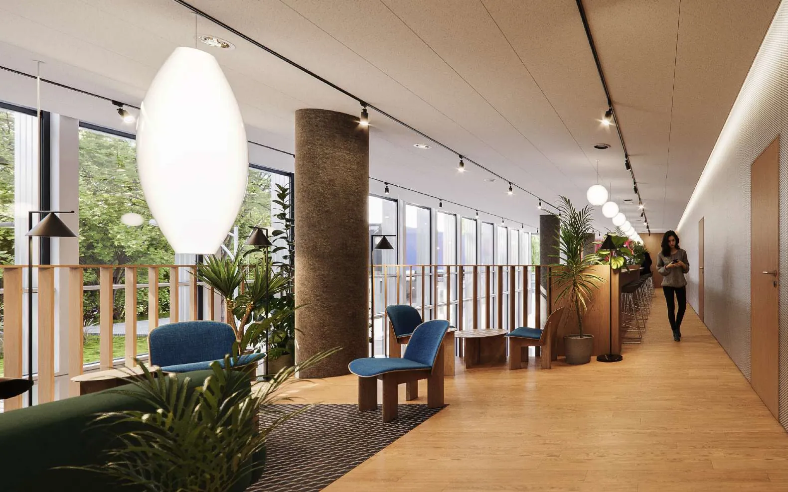 Timber-lined corridor with lounge chairs and planting beside the facade