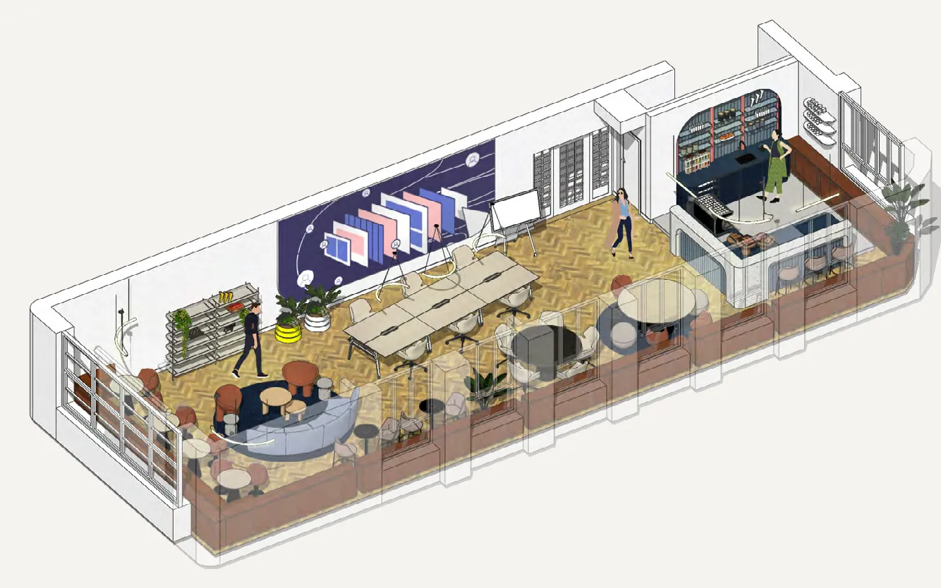 Axonometric of the co-working café with an espresso bar, mixed seating and planting