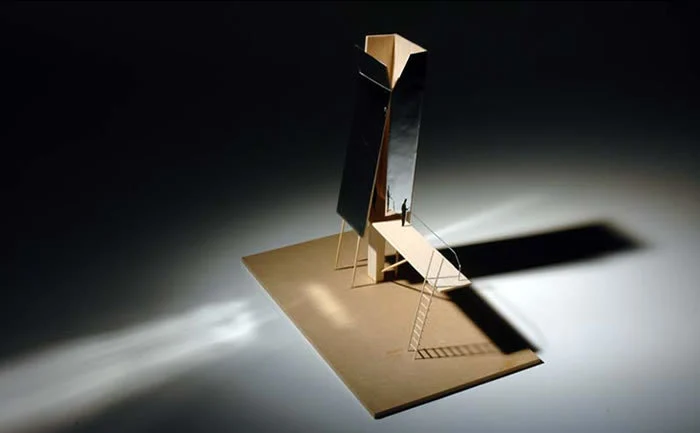 Sketch model of a tall folded tower with a stair and a lookout platform
